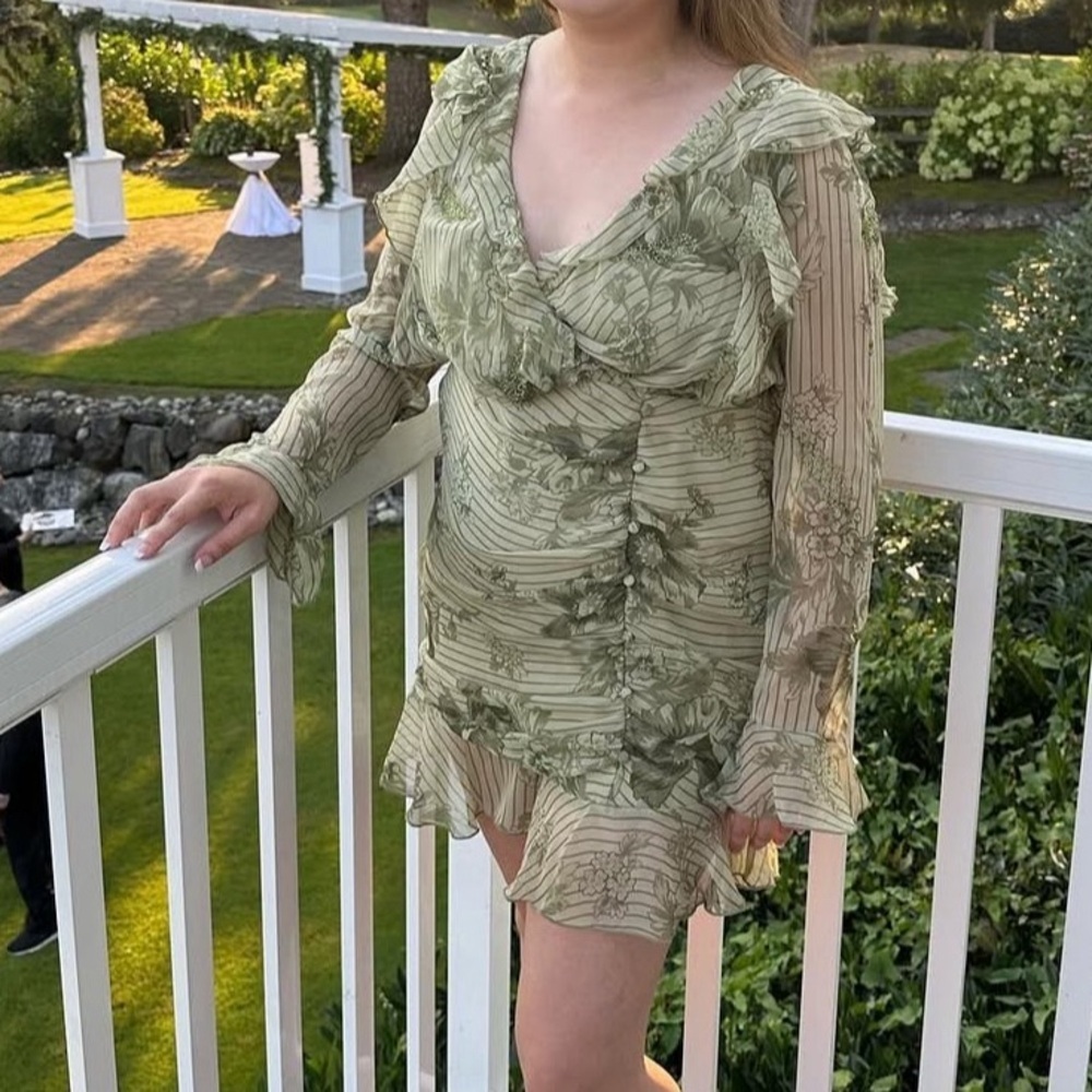 🌿ASOS For Love & Lemons Green Floral Ruffle Mini Dress – Size 12
